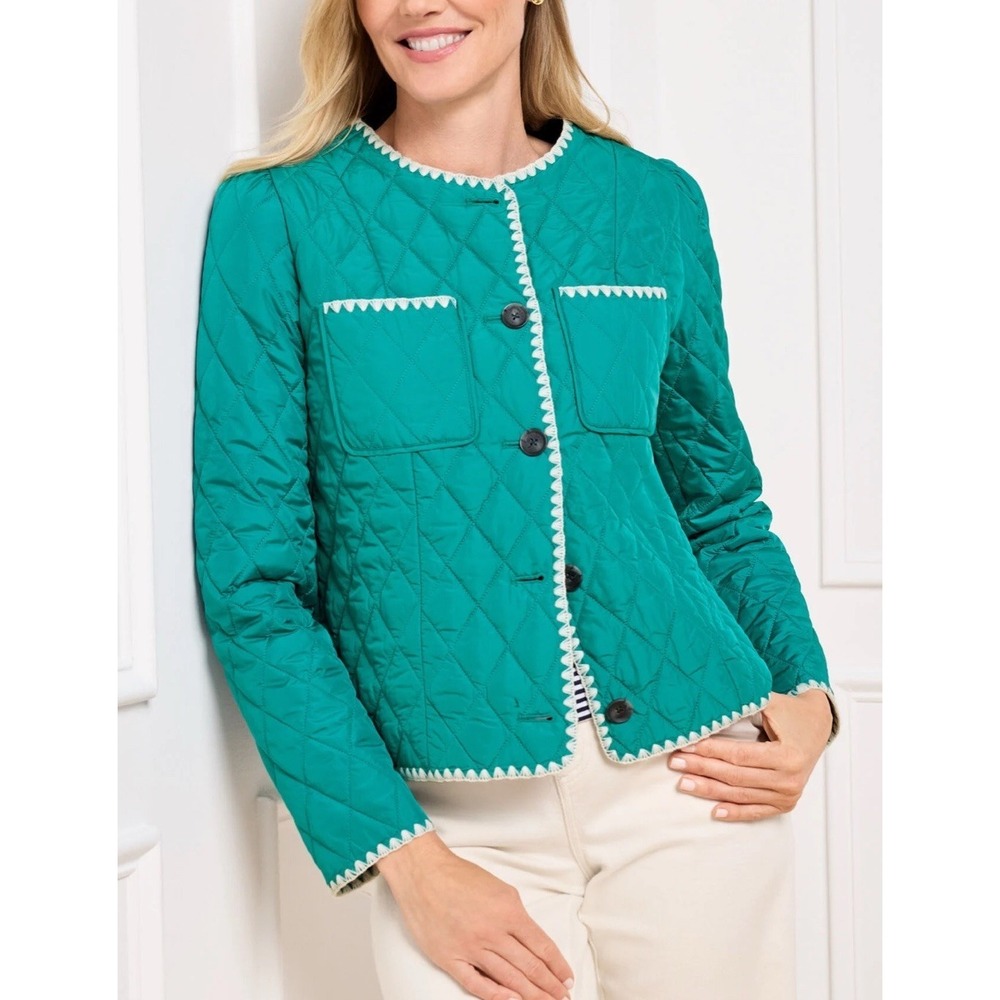 Talbots Fanfare Teal Button Quilted Jacket White Embroidered Trim Womens XS $199